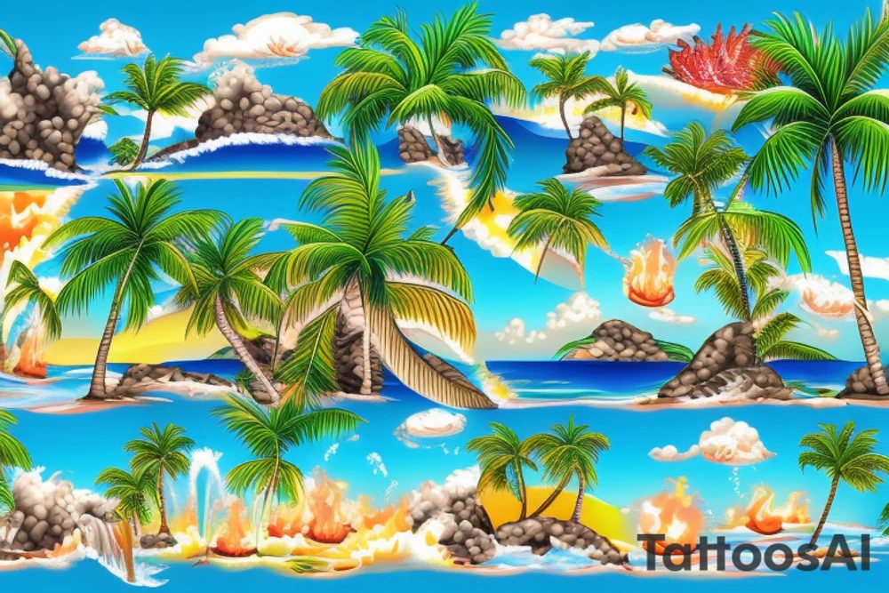 tropical beach with palm trees with waterfalls on one side hitting the water and lava hitting the ocean on the other tattoo idea