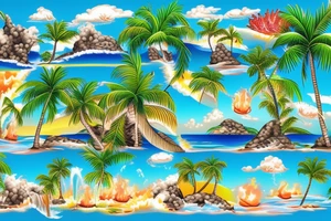 tropical beach with palm trees with waterfalls on one side hitting the water and lava hitting the ocean on the other tattoo idea