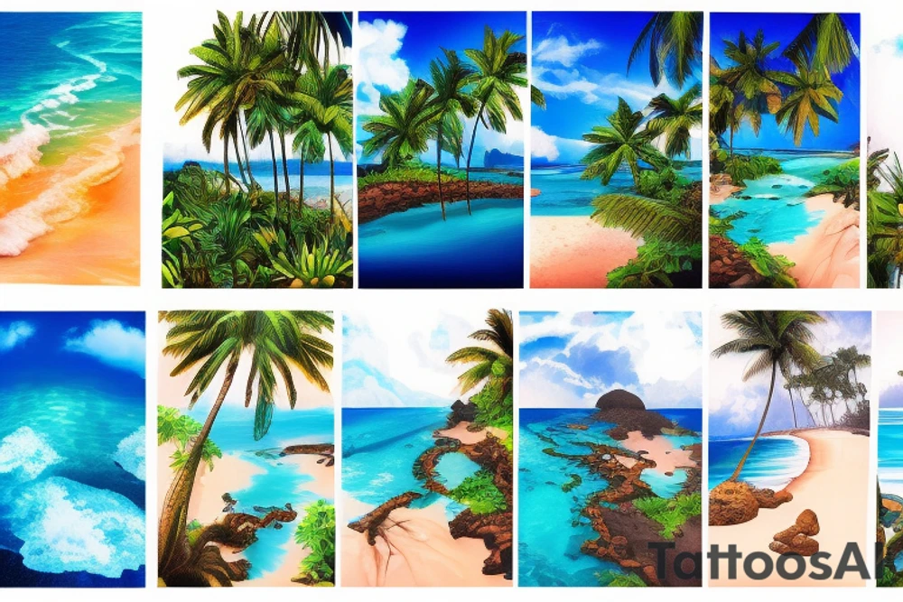 tropical beach with palm trees with waterfalls on one side hitting the water and lava hitting the ocean on the other tattoo idea