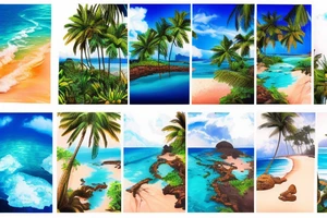tropical beach with palm trees with waterfalls on one side hitting the water and lava hitting the ocean on the other tattoo idea