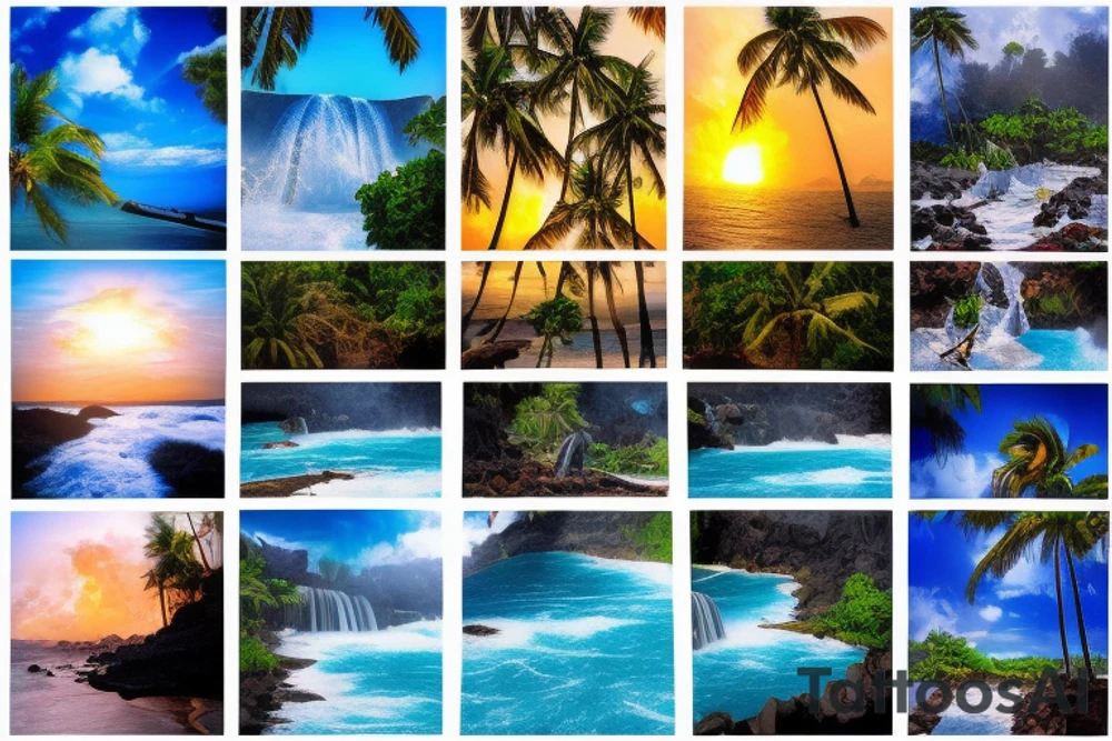 tropical beach with palm trees with waterfalls on one side hitting the water and lava hitting the ocean on the other tattoo idea