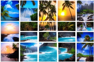 tropical beach with palm trees with waterfalls on one side hitting the water and lava hitting the ocean on the other tattoo idea