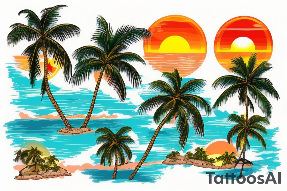 tropical beach sunset with palm trees with waterfalls on one side hitting the water and lava hitting the ocean on the other tattoo idea