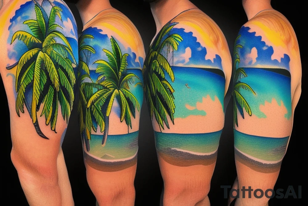 tropical beach sunset with palm trees with waterfalls on one side hitting the water and lava hitting the ocean on the other tattoo idea