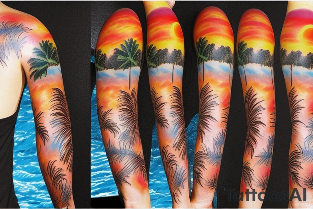 half sleeve tattoo with palm trees, sunset, lava and waterfalls tattoo idea
