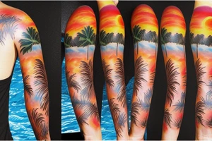 half sleeve tattoo with palm trees, sunset, lava and waterfalls tattoo idea