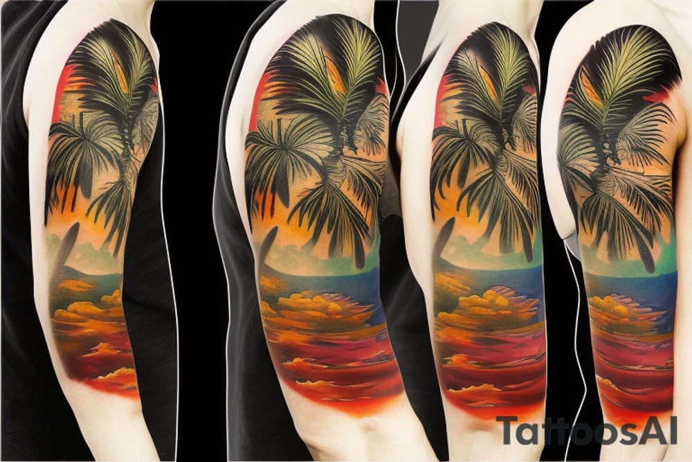 half sleeve tattoo with palm trees, sunset, lava and waterfalls tattoo idea