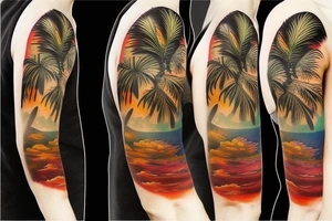 half sleeve tattoo with palm trees, sunset, lava and waterfalls tattoo idea