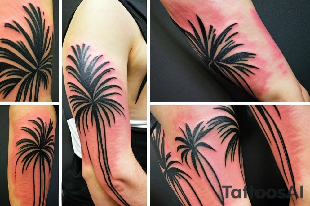 half sleeve tattoo with palm trees, sunset, lava and waterfalls tattoo idea
