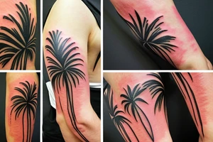 half sleeve tattoo with palm trees, sunset, lava and waterfalls tattoo idea