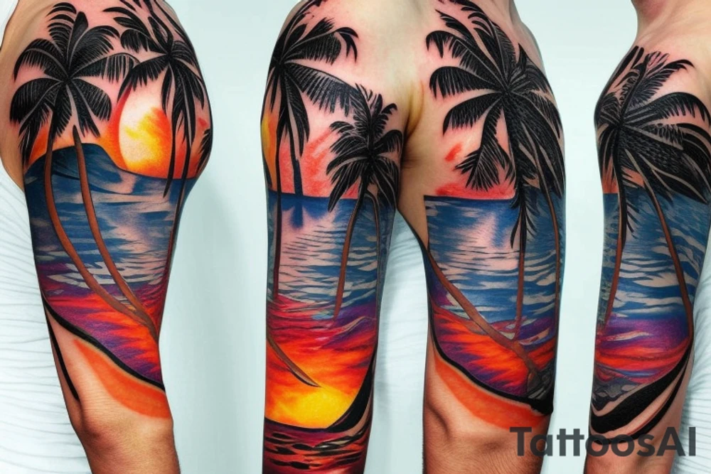 half sleeve tattoo with palm trees, sunset, lava and waterfalls tattoo idea