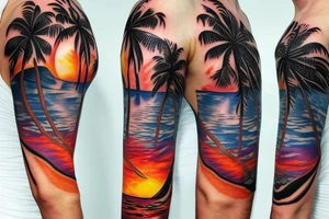 half sleeve tattoo with palm trees, sunset, lava and waterfalls tattoo idea