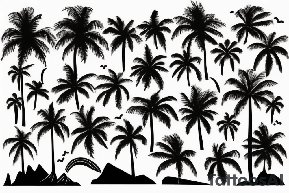 half sleeve tattoo with palm trees, sunset, lava and waterfalls tattoo idea