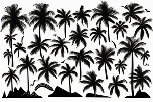 half sleeve tattoo with palm trees, sunset, lava and waterfalls tattoo idea