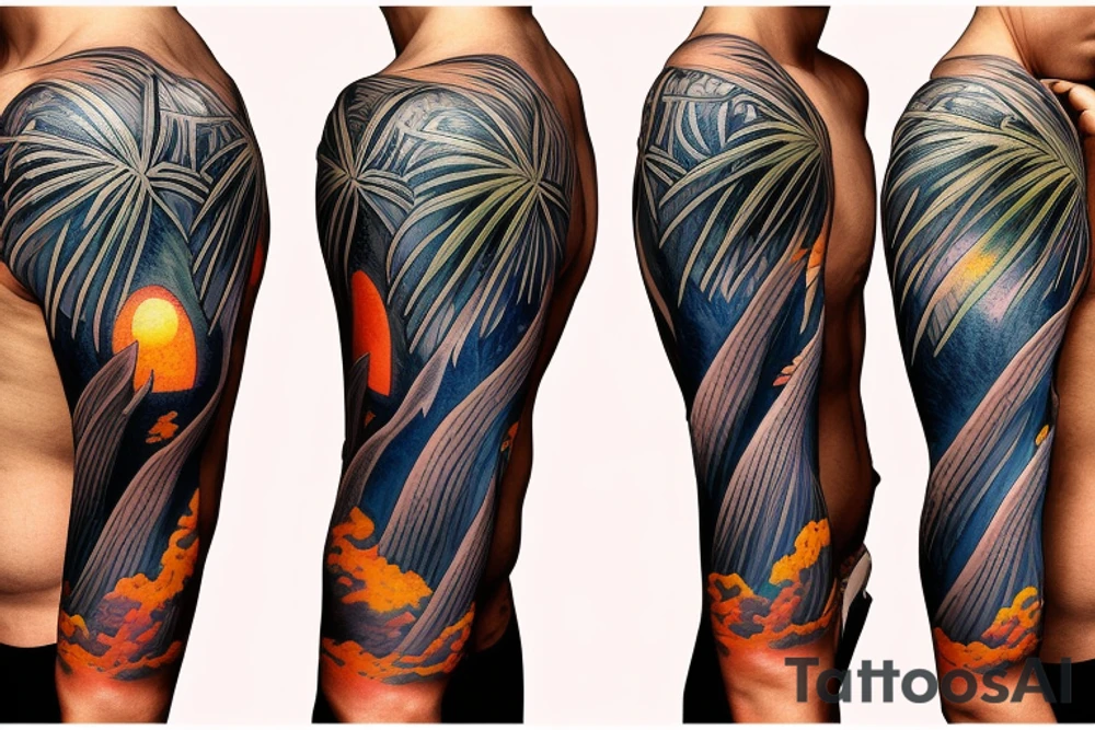 half sleeve tattoo with palm trees, sunset, lava and waterfalls tattoo idea