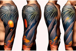 half sleeve tattoo with palm trees, sunset, lava and waterfalls tattoo idea