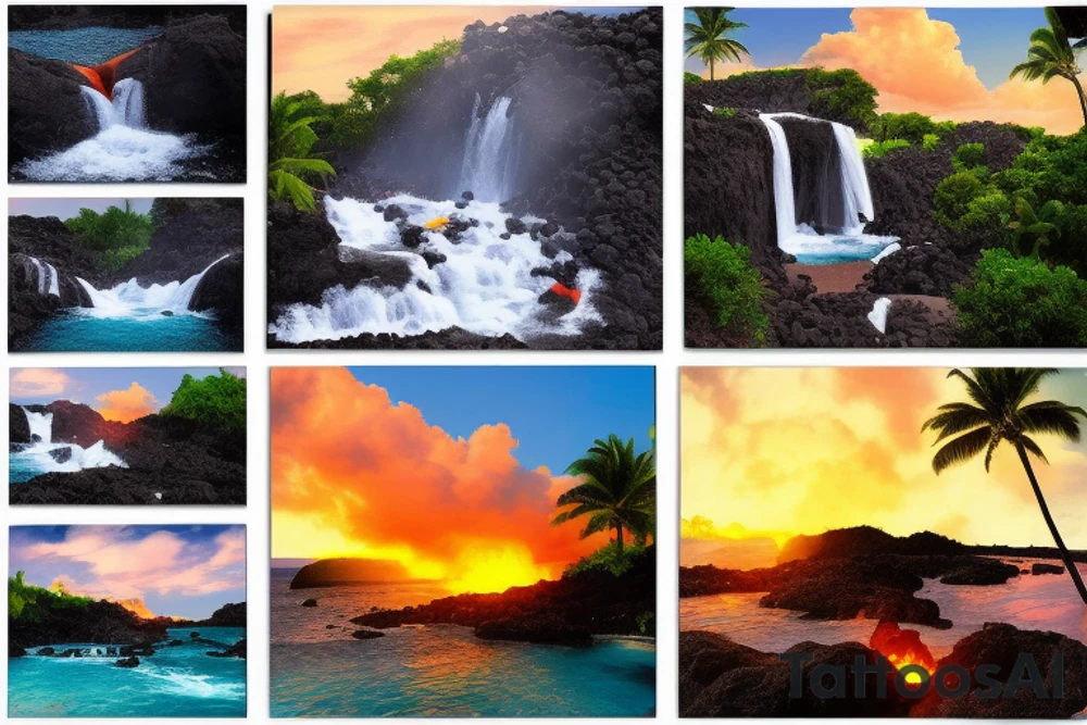 realistic photo of lava and waterfalls with palm trees and sunsets tattoo idea