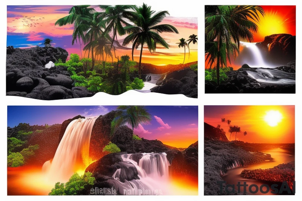 realistic photo of lava and waterfalls with palm trees and sunsets tattoo idea