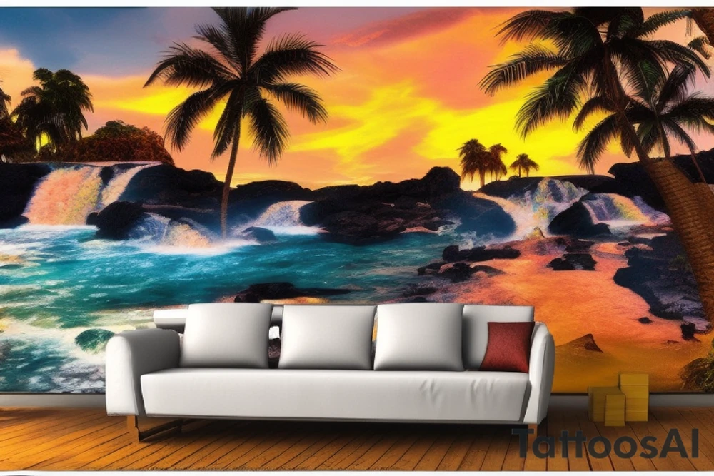 realistic photo of lava and waterfalls with palm trees and sunsets with a lot of detail tattoo idea