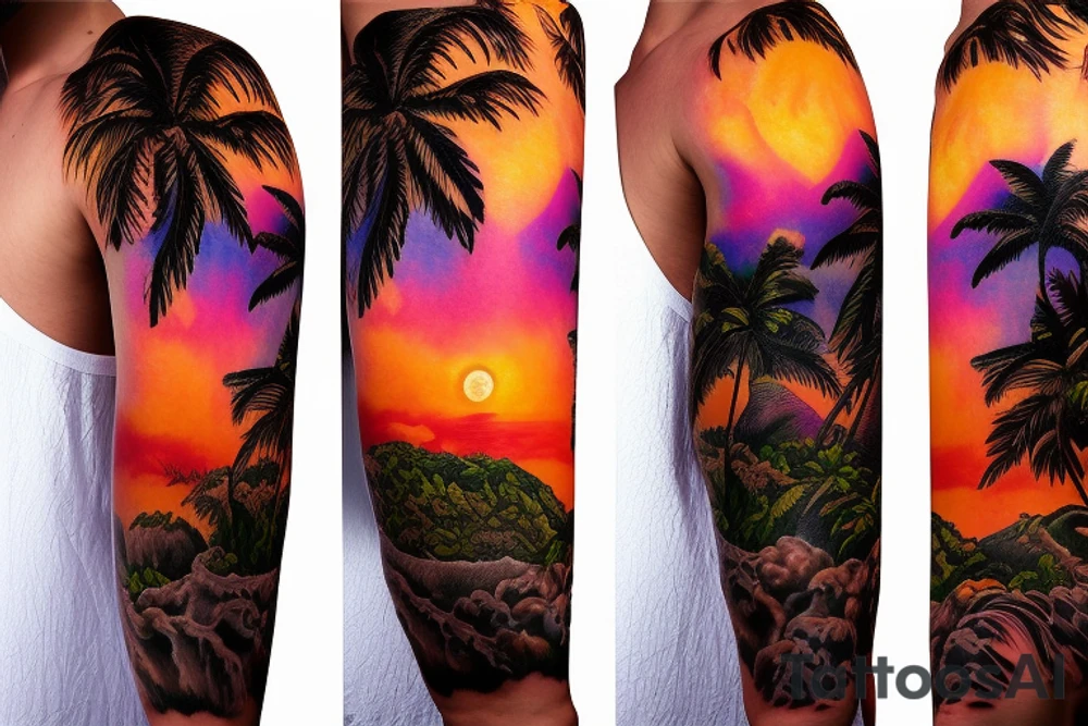 realistic photo of lava and waterfalls with palm trees and sunsets with a lot of detail tattoo idea