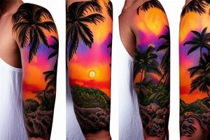 realistic photo of lava and waterfalls with palm trees and sunsets with a lot of detail tattoo idea