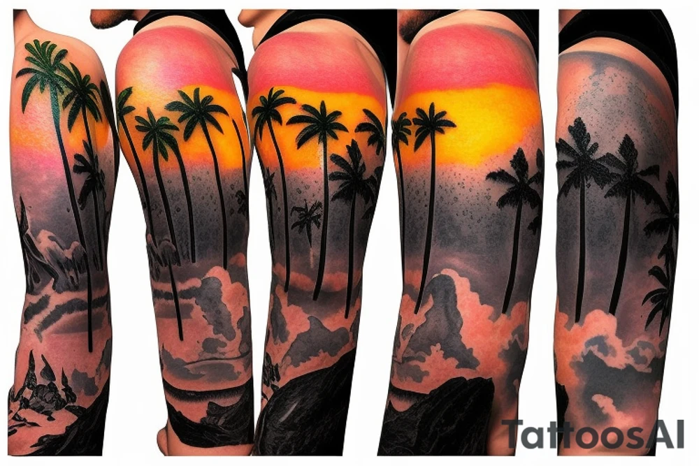realistic photo of lava and waterfalls with palm trees and sunsets with a lot of detail for a half sleeve tattoo idea