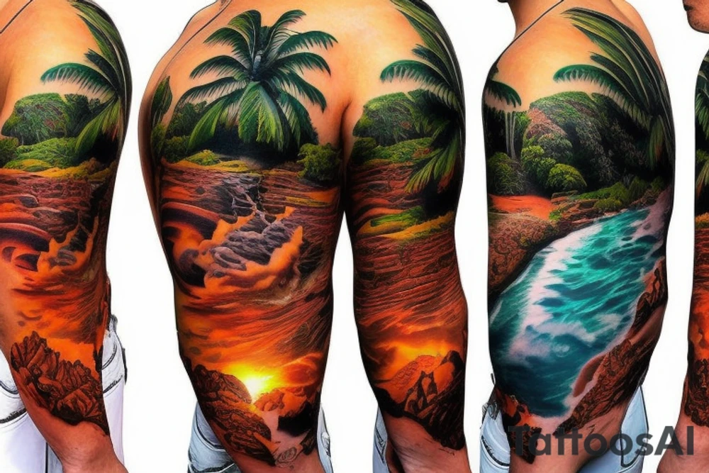 realistic photo of lava and waterfalls with palm trees and sunsets with a lot of detail for a half sleeve tattoo idea