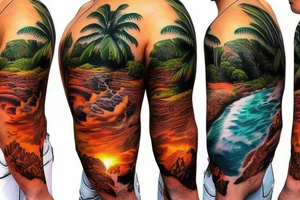 realistic photo of lava and waterfalls with palm trees and sunsets with a lot of detail for a half sleeve tattoo idea