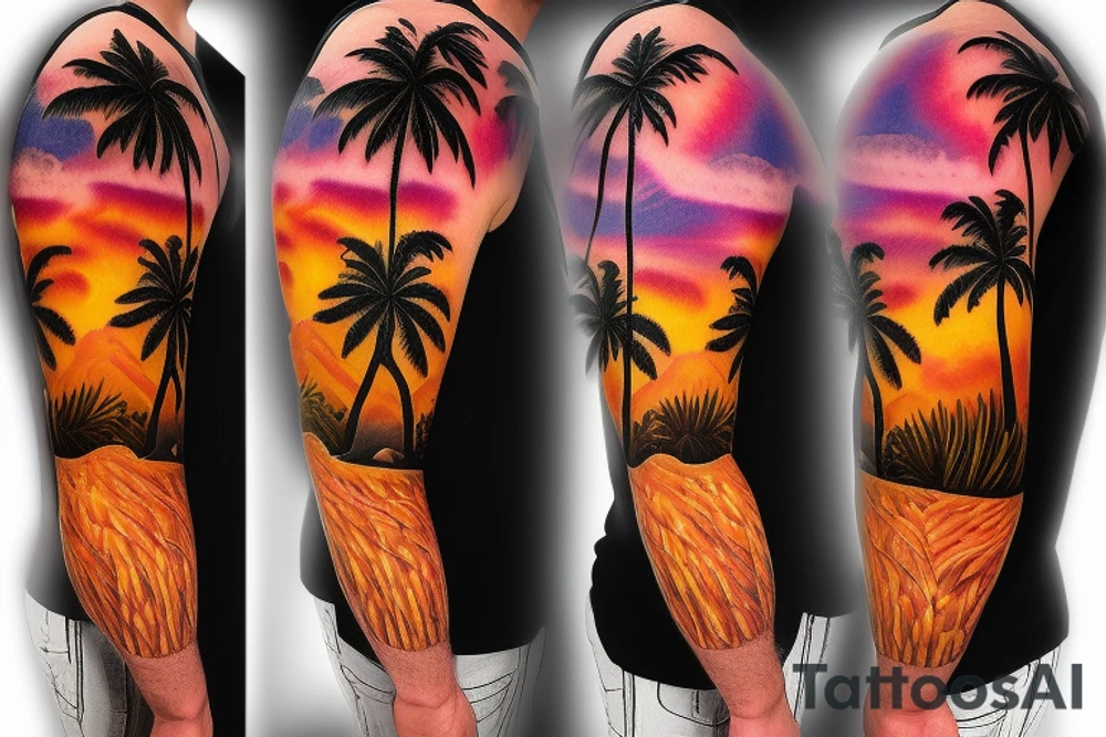 realistic photo of lava and waterfalls palm trees beach and sunsets with a lot of detail for a half sleeve tattoo idea