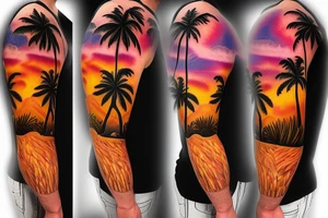 realistic photo of lava and waterfalls palm trees beach and sunsets with a lot of detail for a half sleeve tattoo idea