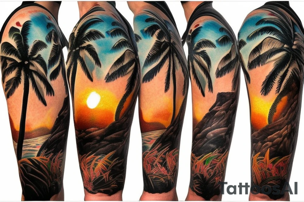 realistic photo of lava and waterfalls palm trees beach and sunsets with a lot of detail for a half sleeve tattoo idea