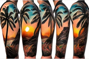 realistic photo of lava and waterfalls palm trees beach and sunsets with a lot of detail for a half sleeve tattoo idea