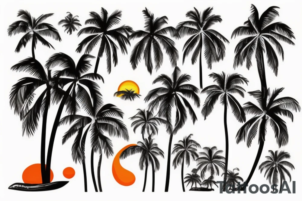 fire water sunset tropical palm trees and air in a beach scene tattoo idea