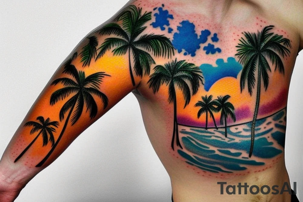 fire water sunset tropical palm trees and air in a beach scene tattoo idea