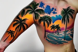 fire water sunset tropical palm trees and air in a beach scene tattoo idea