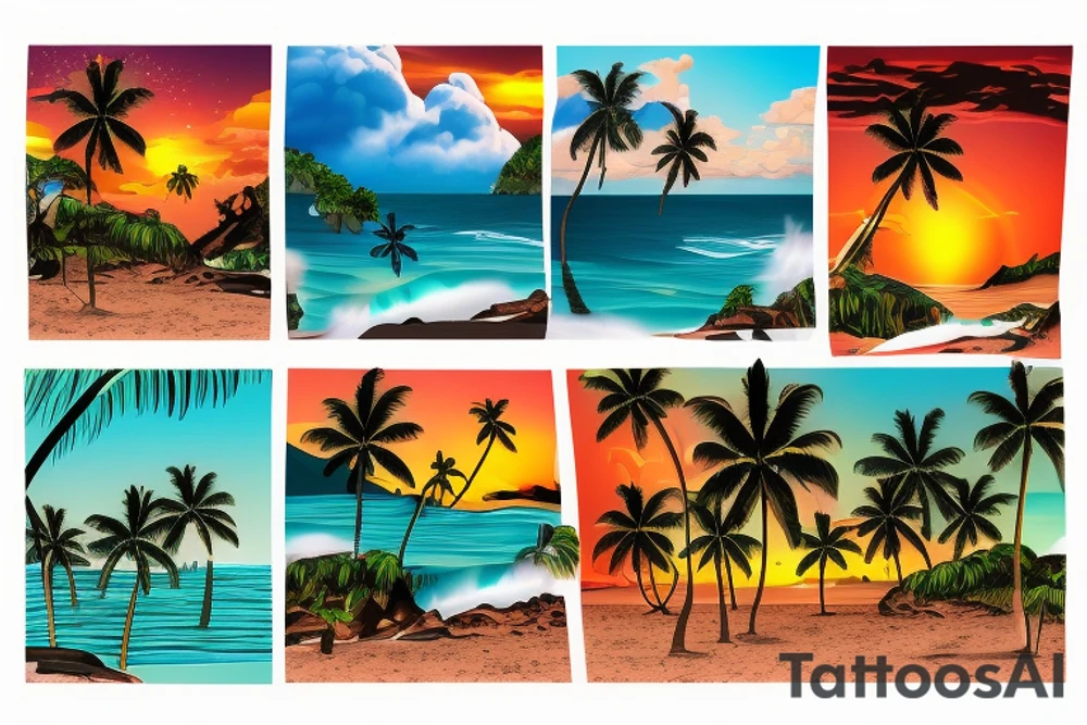 fire from lava water from the ocean and waterfalls, sunset, tropical palm trees and air in a beach scene tattoo idea