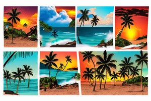 fire from lava water from the ocean and waterfalls, sunset, tropical palm trees and air in a beach scene tattoo idea