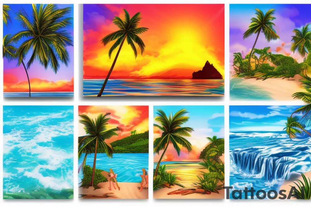 fire from lava water from the ocean and waterfalls, sunset, tropical palm trees and air in a beach scene tattoo idea