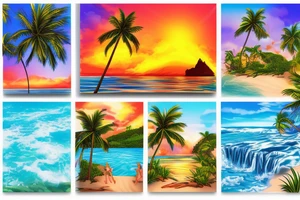 fire from lava water from the ocean and waterfalls, sunset, tropical palm trees and air in a beach scene tattoo idea