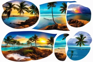 panorama type photo with the ocean, beach, sunset, palm trees with waterfalls and lava for a half sleeve tattoo tattoo idea