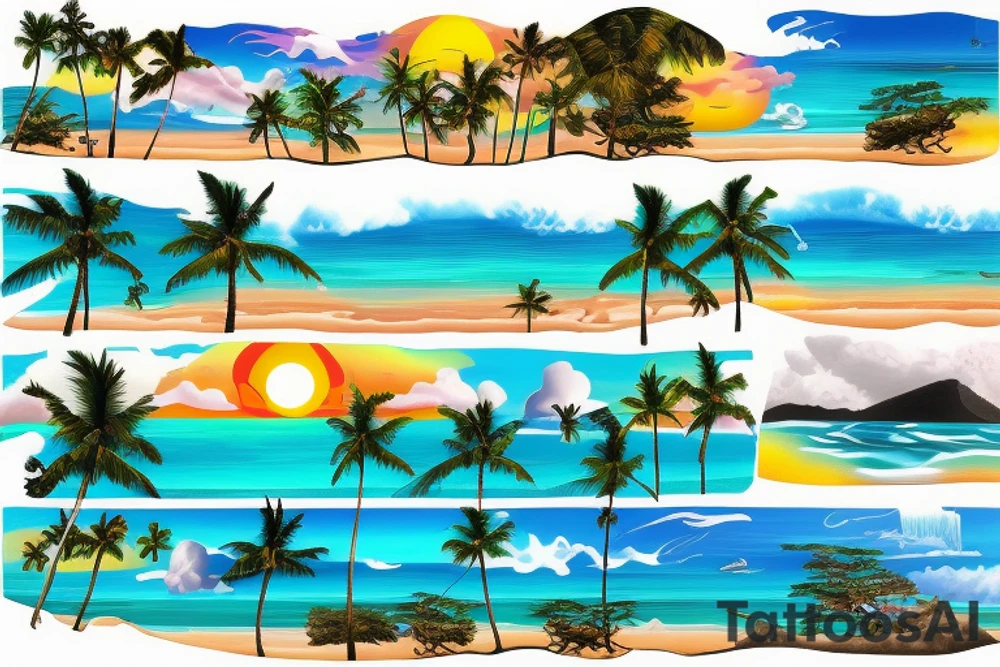 panorama type photo with the ocean, beach, sunset, palm trees with waterfalls and lava for a half sleeve tattoo tattoo idea