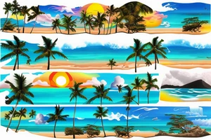 panorama type photo with the ocean, beach, sunset, palm trees with waterfalls and lava for a half sleeve tattoo tattoo idea
