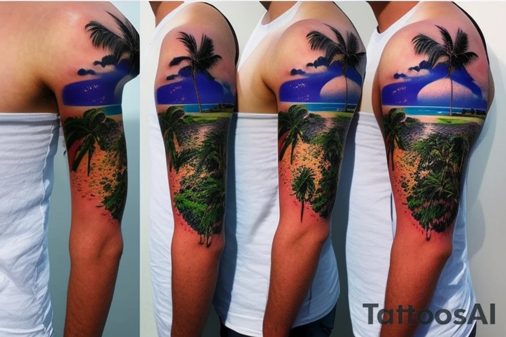 panorama type photo with the ocean, beach, sunset, palm trees with waterfalls and lava for a half sleeve tattoo more realistic tattoo idea