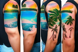 panorama type photo with the ocean, beach, sunset, palm trees with waterfalls and lava for a half sleeve tattoo more realistic tattoo idea