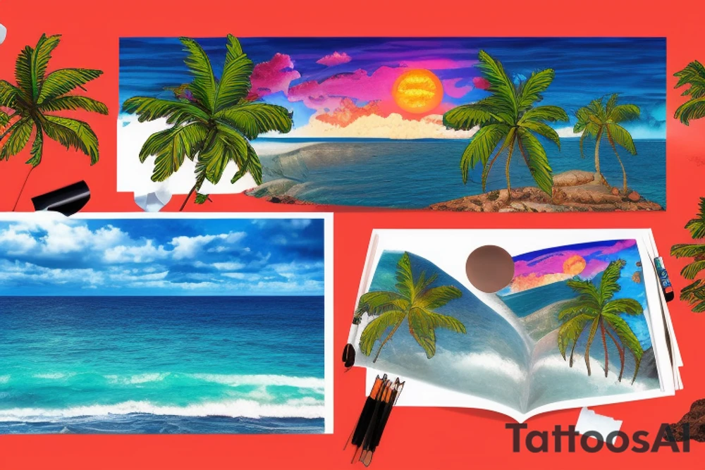 panorama type photo with lava going into the ocean with the sun setting and palm trees tattoo idea