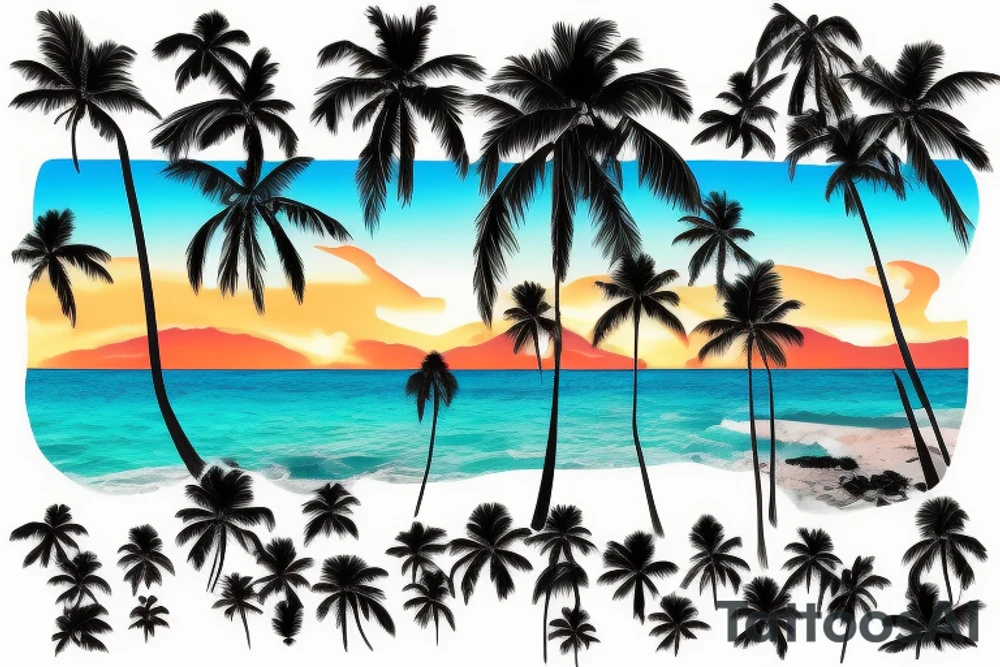 panorama type photo with lava going into the ocean with the sun setting and palm trees tattoo idea