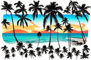 panorama type photo with lava going into the ocean with the sun setting and palm trees tattoo idea