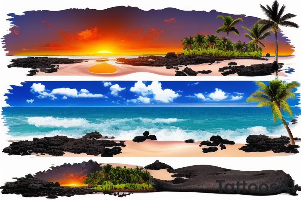 panorama type photo with lava going into the ocean with the sun setting and palm trees but realistic tattoo idea