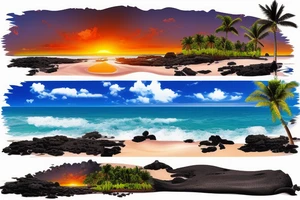 panorama type photo with lava going into the ocean with the sun setting and palm trees but realistic tattoo idea