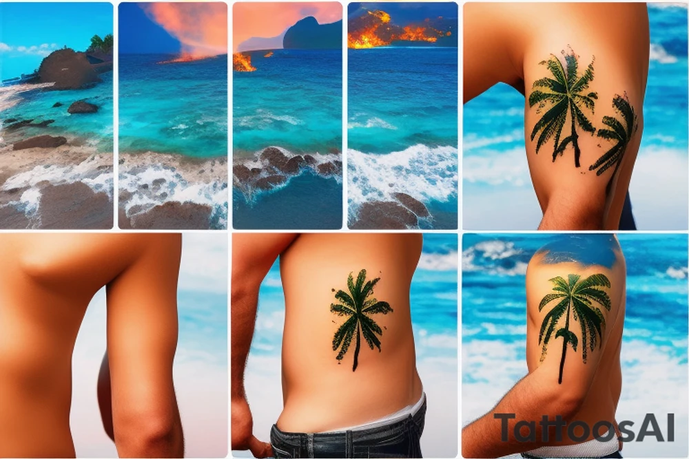 panorama type photo with lava going into the ocean with the sun setting and palm trees but realistic tattoo idea